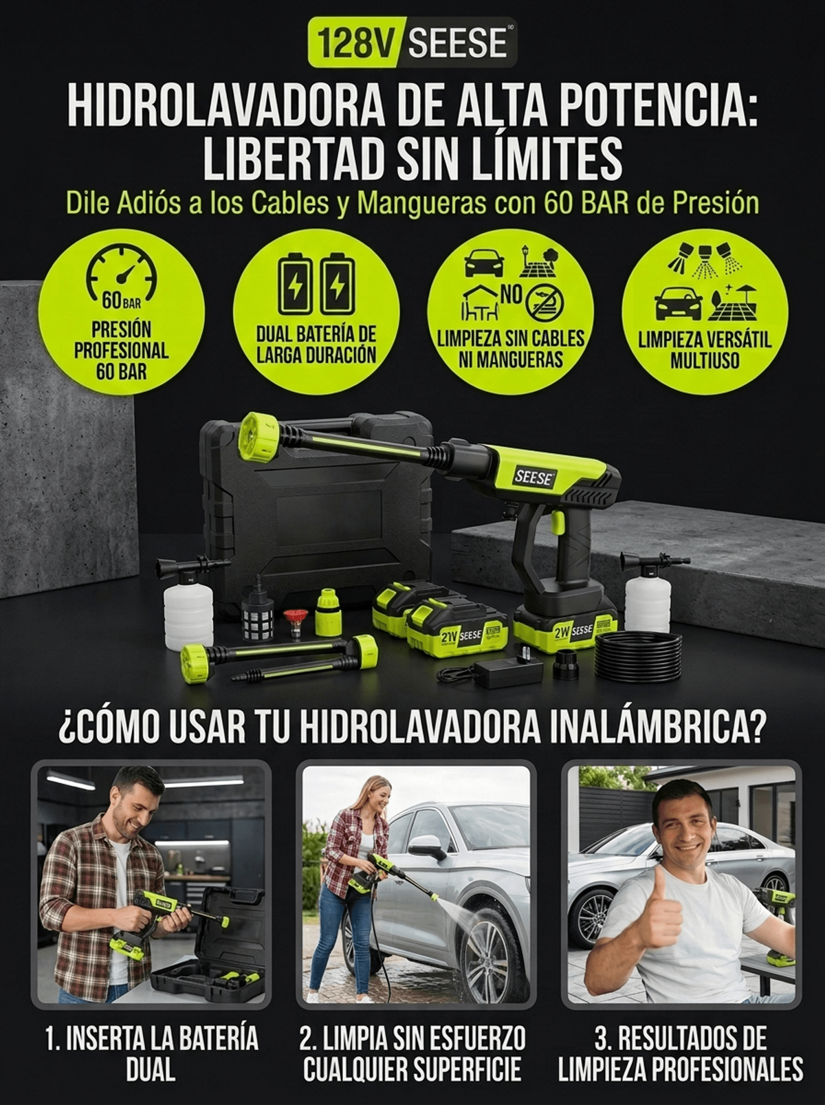 HIDROLAVADORA SEESE DOBLE BATERIA DE 128V