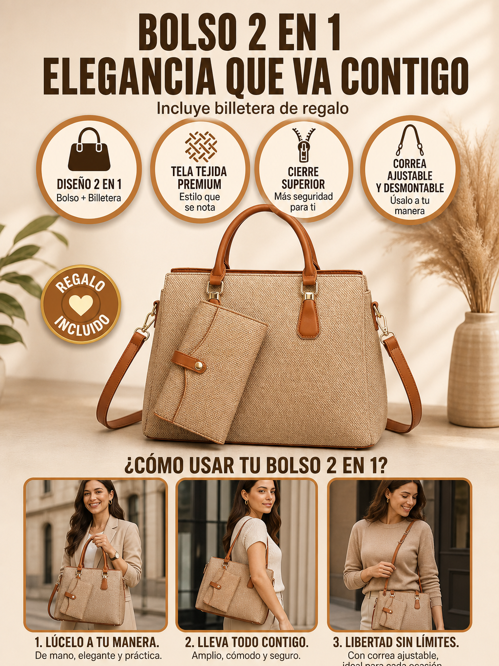BOLSO DE MANO 2 EN 1 CON BILLETERA GRATIS